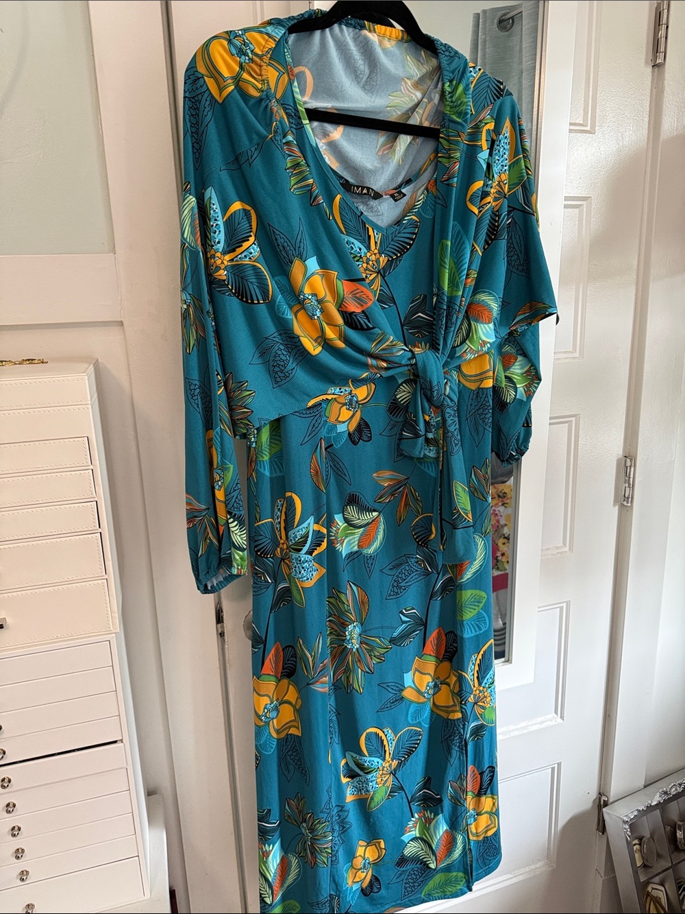 IMAN Teal Floral Tie-Front Midi Dress